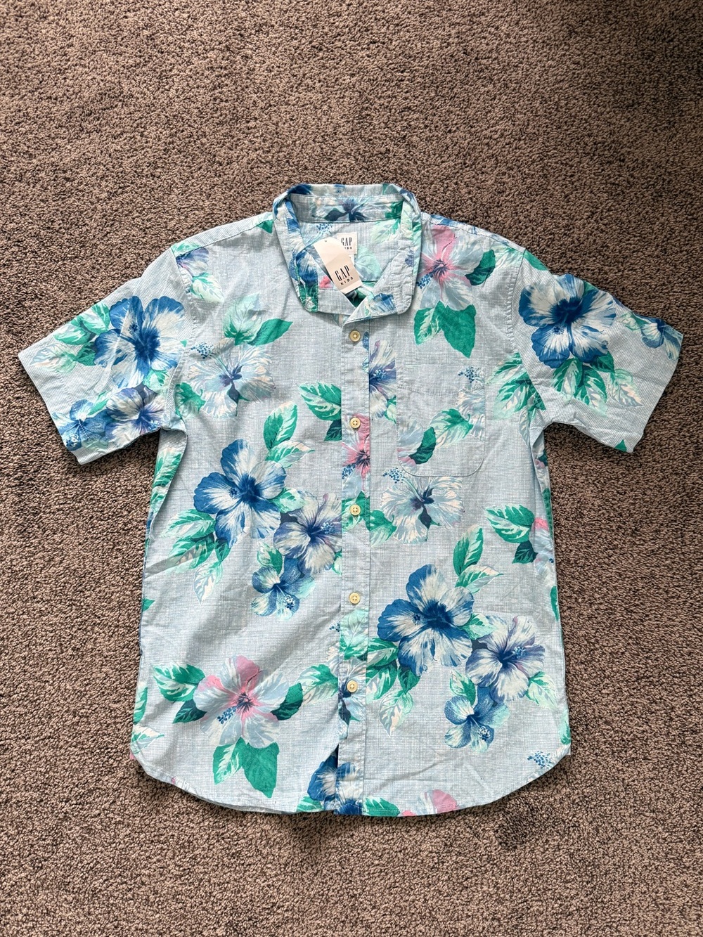 Boy’s Gap Light Blue Floral Print Button-Up Short Sleeve Shirt